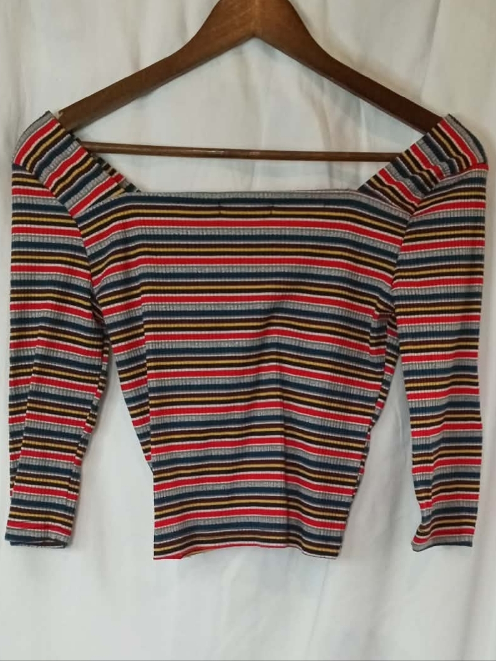 Roommates Striped Off-Shoulder Cropped Shirt Red Blue Yellow Black 70s 80s 90s M - Picture 2 of 5